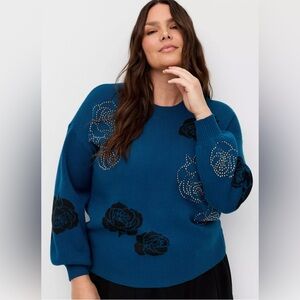 Torrid Luxe Cozy Crew Pullover Floral Sweater - Blue -Size 1 (1X / 14-16)